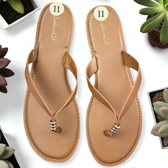 NWT Splendid 11 Tan Pu Leather Comfy Flat Silver Metallic Rings Flip Flop Sandal - Picture 1 of 11